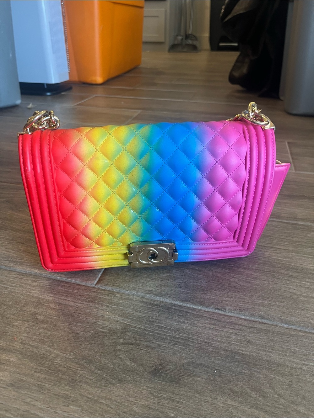 Quilted Rainbow Gradient Crossbody Bag with Gold Chain